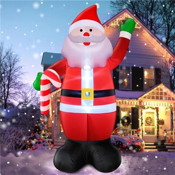 12 FtChristmas Inflatable Santa Claus Holds Candy Cane with LED Lights